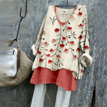 Manga Larga Informal Estampada Suelta Floral para Mujer