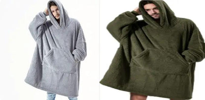 Two AdTec hoodie fleece wearable blankets with oversized hoods and front pockets in gray and olive