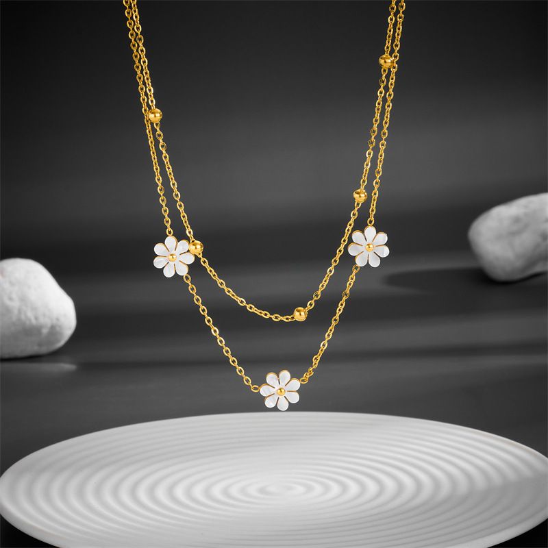Joyería de moda de acero inoxidable, collar de flor de margarita, doble capa, pendientes, conjunto de joyería