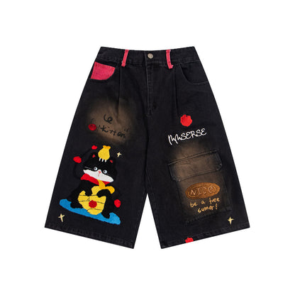 Cartoon embroidery workwear denim shorts