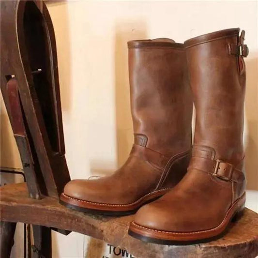 Boots: brown leather mid-shaft men's wedge boot with buckle strap