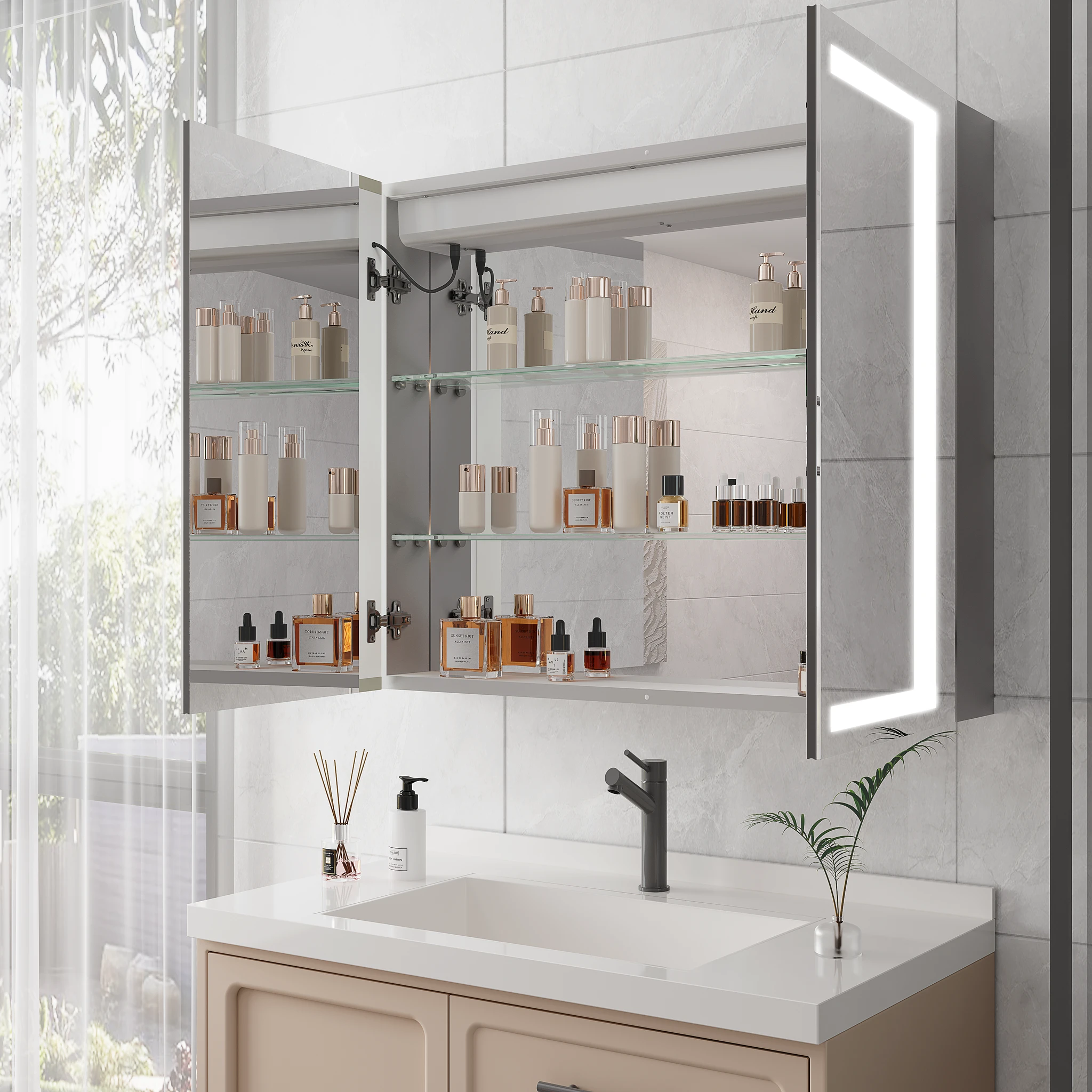 36 x 30 inch Medicine Cabinet with LED Vanity Mirror Anti-Fog Recessed or Surface Mount Waterproof DimmableAluminum 3000K~6000K Lighted Double Door Bathroom Cabinet with Touch Switch by eprolo