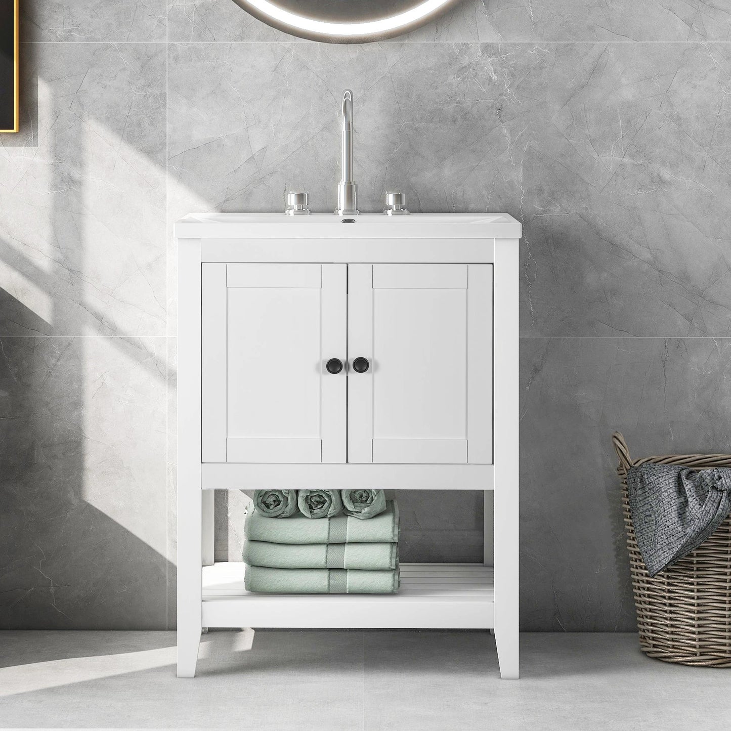 24" White Modern Sleek Bathroom Vanity Elegant Ceramic Sink with Solid Wood Frame Open Style Shelf by eprolo