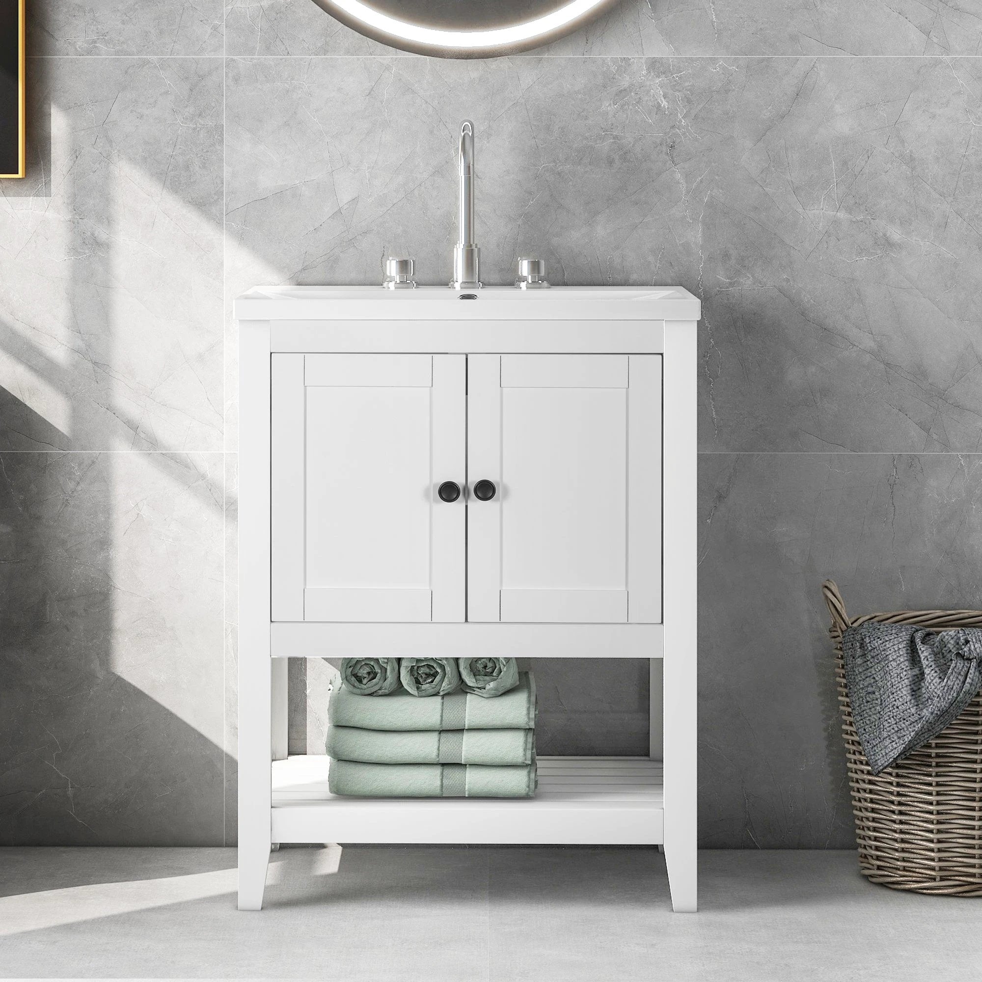 24" White Modern Sleek Bathroom Vanity Elegant Ceramic Sink with Solid Wood Frame Open Style Shelf by eprolo
