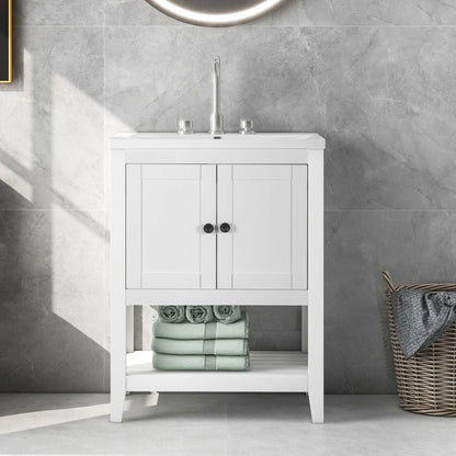 24" White Modern Sleek Bathroom Vanity Elegant Ceramic Sink with Solid Wood Frame Open Style Shelf by eprolo