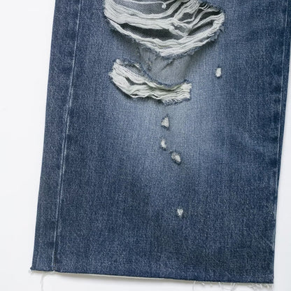 Broken hole decoration mid waist denim casual shorts