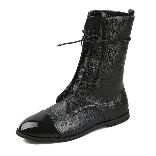 Bottes mi-mollet imperméables à plateforme, noires avec bout verni.