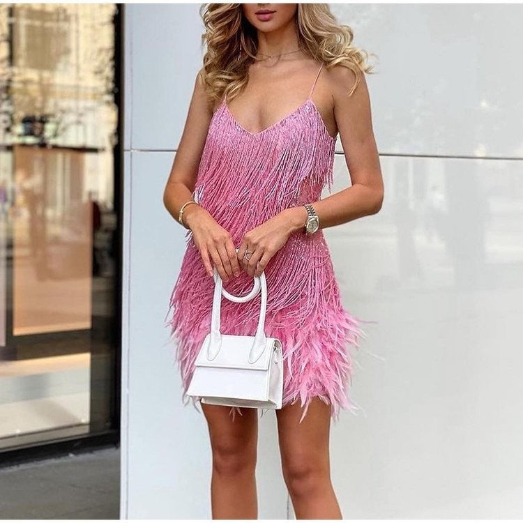 Minivestido sexy con borlas, lentejuelas y plumas para mujer, cuello en V, tirantes finos, costuras, vestidos de noche elegantes para fiestas y clubes