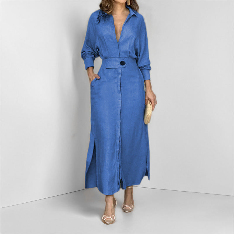 Robe chemise élégante à manches longues, unie et cintrée pour femme