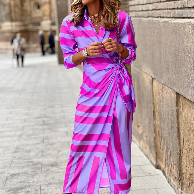 Robe à rayures imprimées de style européen et américain avec cardigan à lacets
