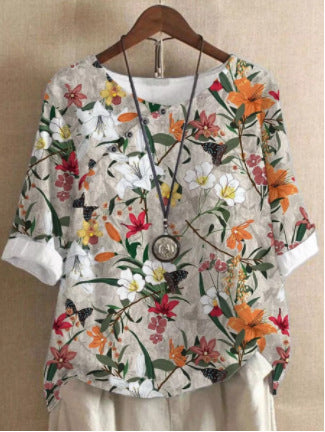 Camisa holgada estampada de moda de algodón y lino para mujer
