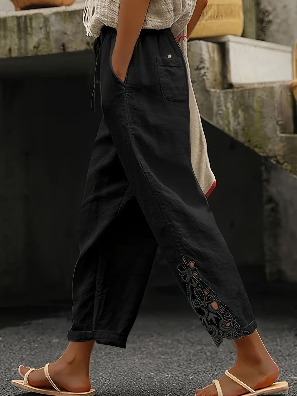 Pantalon droit décontracté en dentelle avec cordon de serrage pour femme