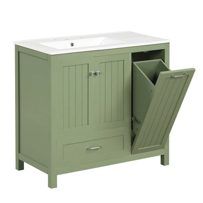 36 inch bathroom vanity with sink, one double door cabinet one large drawer and one flip drawer solid wood and MDF board, green by eprolo