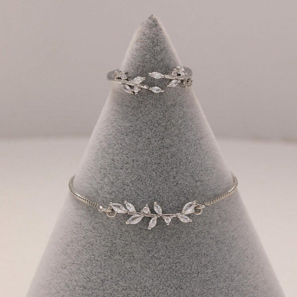 2 pulseras y anillos de circonita de cristal con forma de ojo de caballo de plata, pulsera elástica adecuada para trajes de diario y festivos de mujer