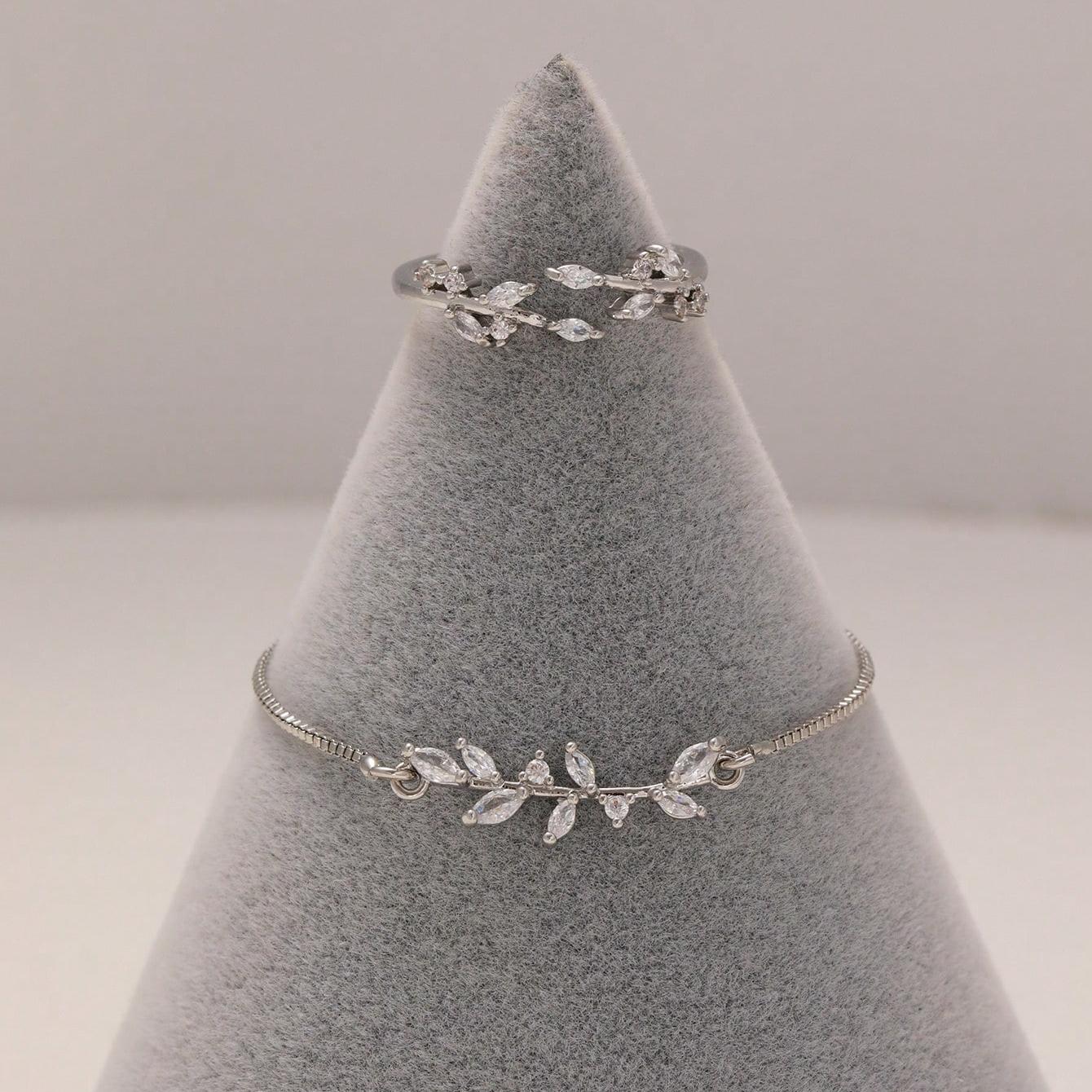 2 pulseras y anillos de circonita de cristal con forma de ojo de caballo de plata, pulsera elástica adecuada para trajes de diario y festivos de mujer
