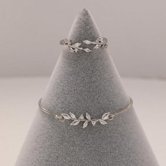 2 bracelets et bague à feuille en zircon et cristal œil de cheval argenté, bracelet ajustable convenant aux tenues quotidiennes et de vacances des femmes