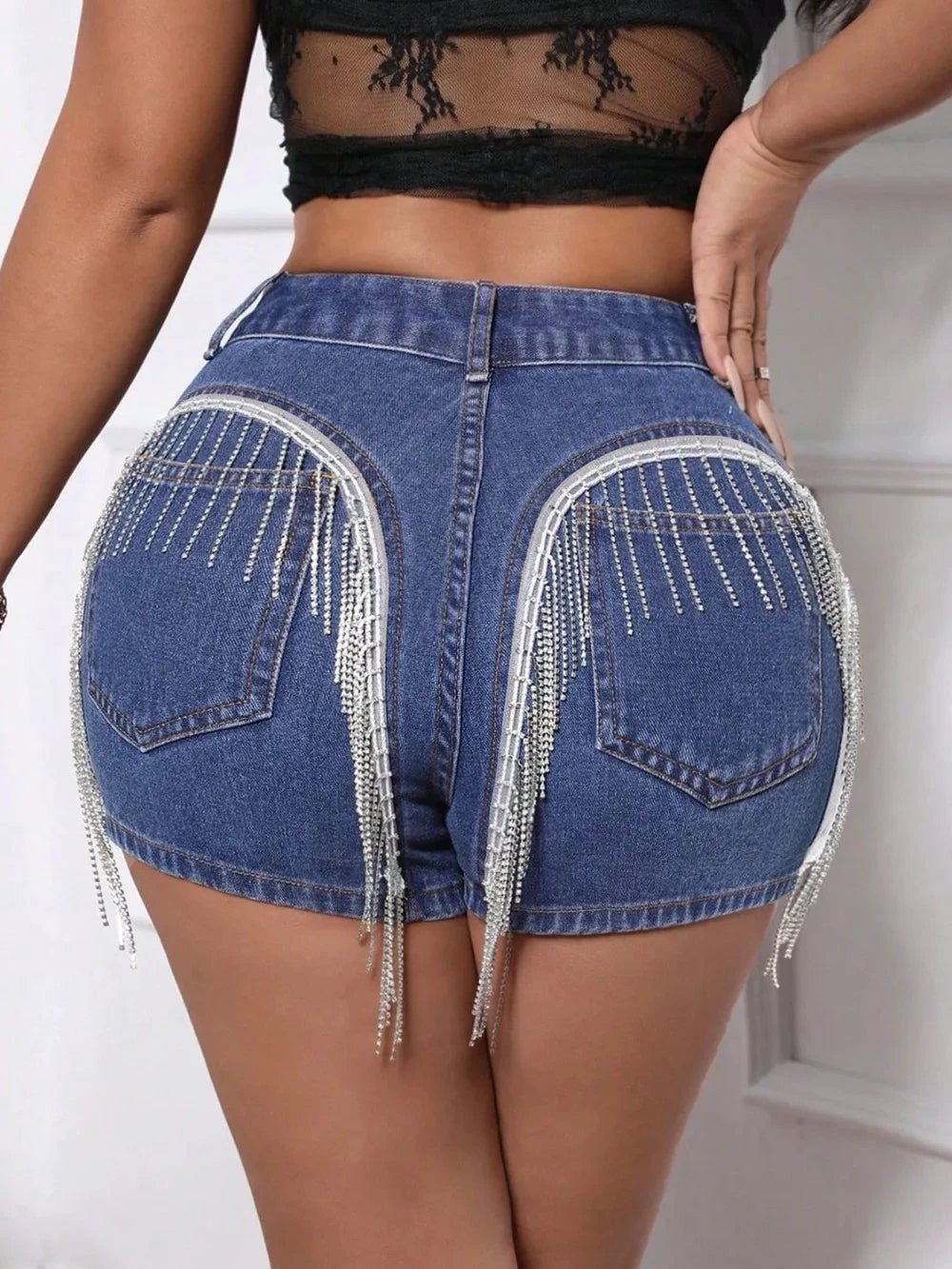 Fringe Back Denim Shorts with Pockets by eprolo
