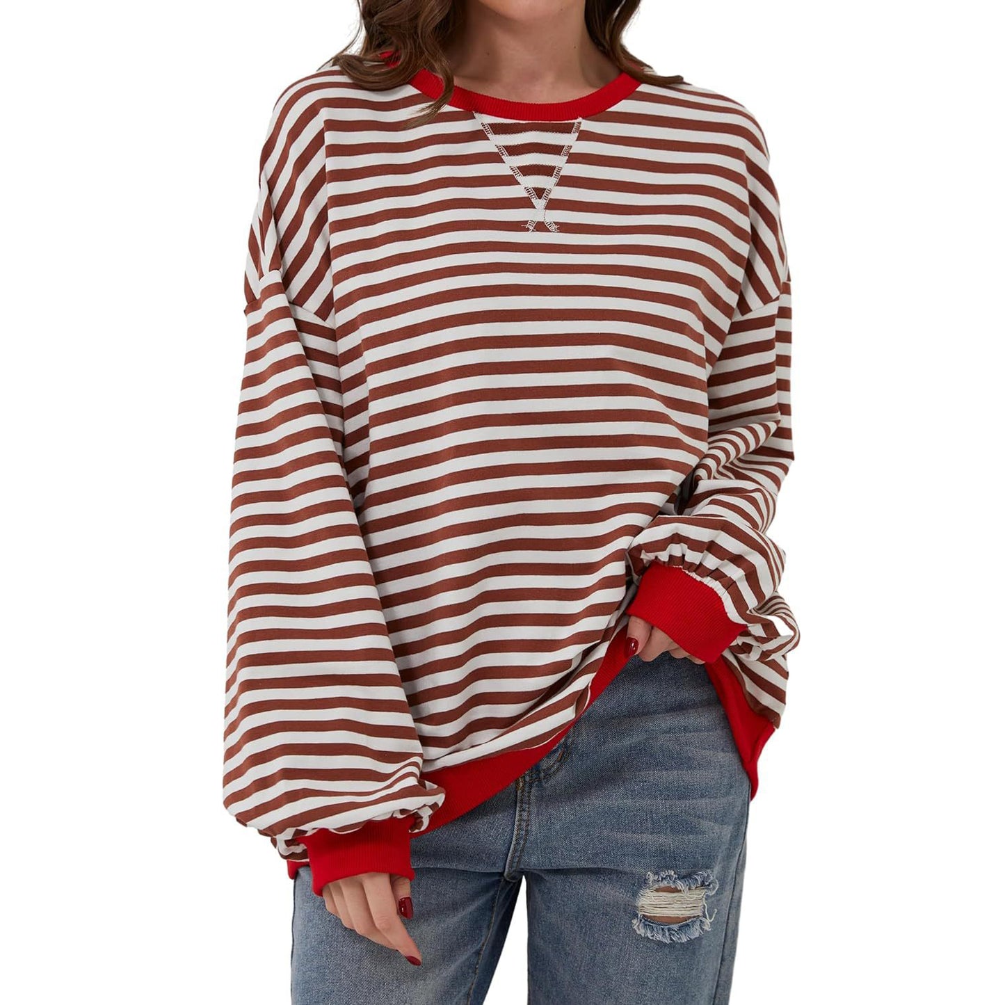 T-shirt ample à manches longues rayé, pull décontracté pour vêtements pour femmes