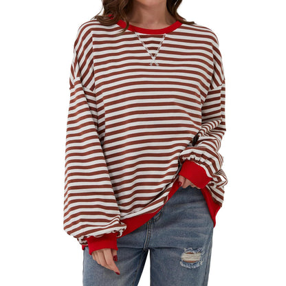 T-shirt ample à manches longues rayé, pull décontracté pour vêtements pour femmes