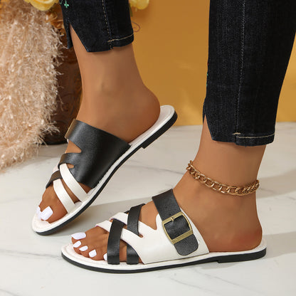 Pantuflas planas de talla grande con punta redonda y combinación de colores para mujer