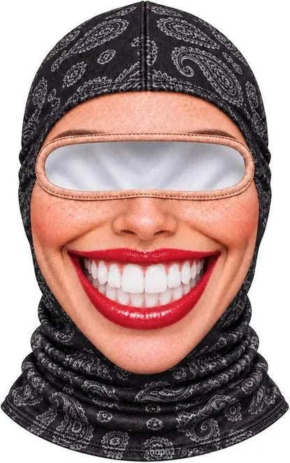 Realistic Winter Ski Face Mask Balaclava by AdTec, black paisley-pattern windproof thermal balaclava with beige eye trim