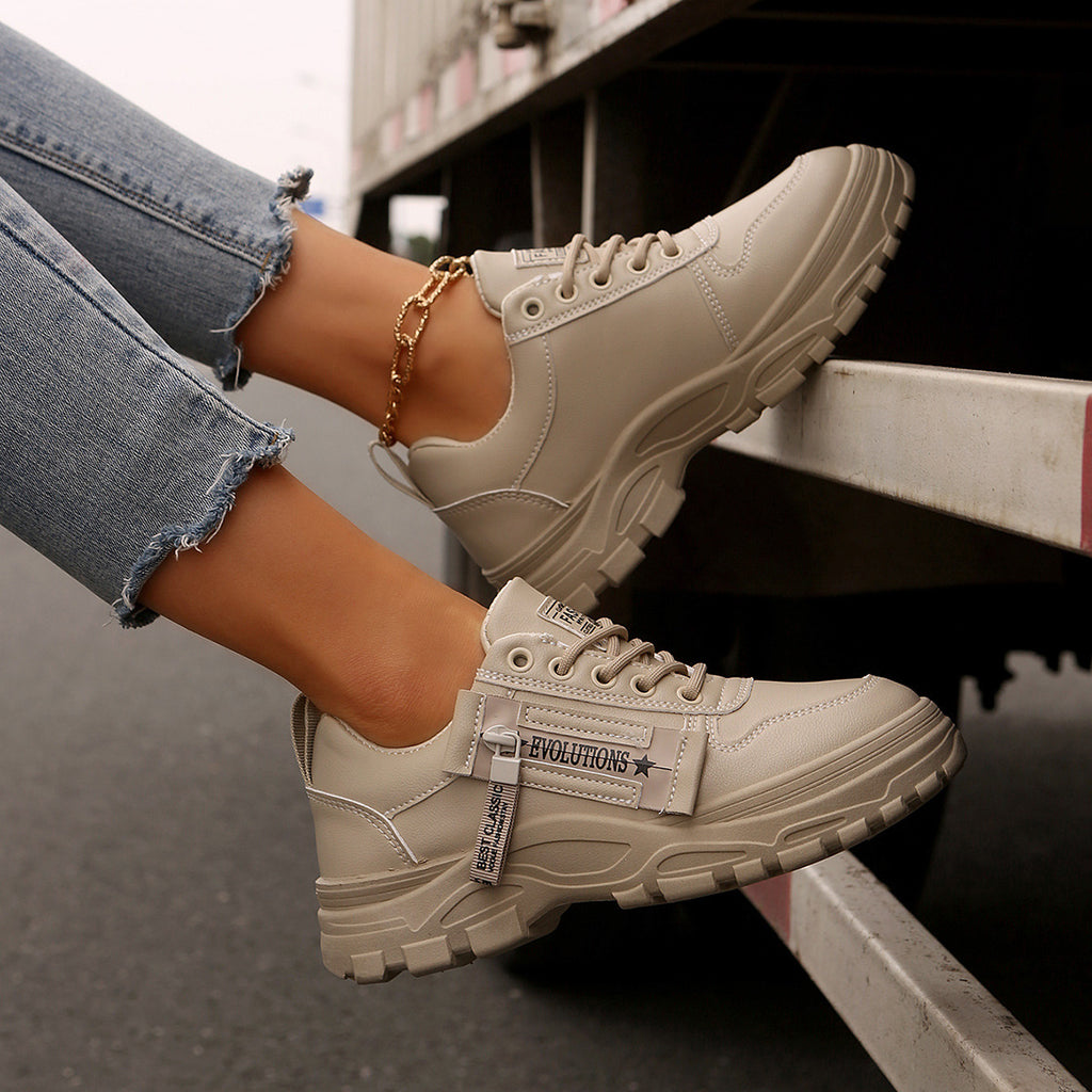 Zapatillas deportivas con cordones, diseño de cremallera lateral, suela gruesa, punta redonda, informales para mujer