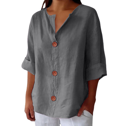 Chemisier boutonné femme en coton et lin col en V