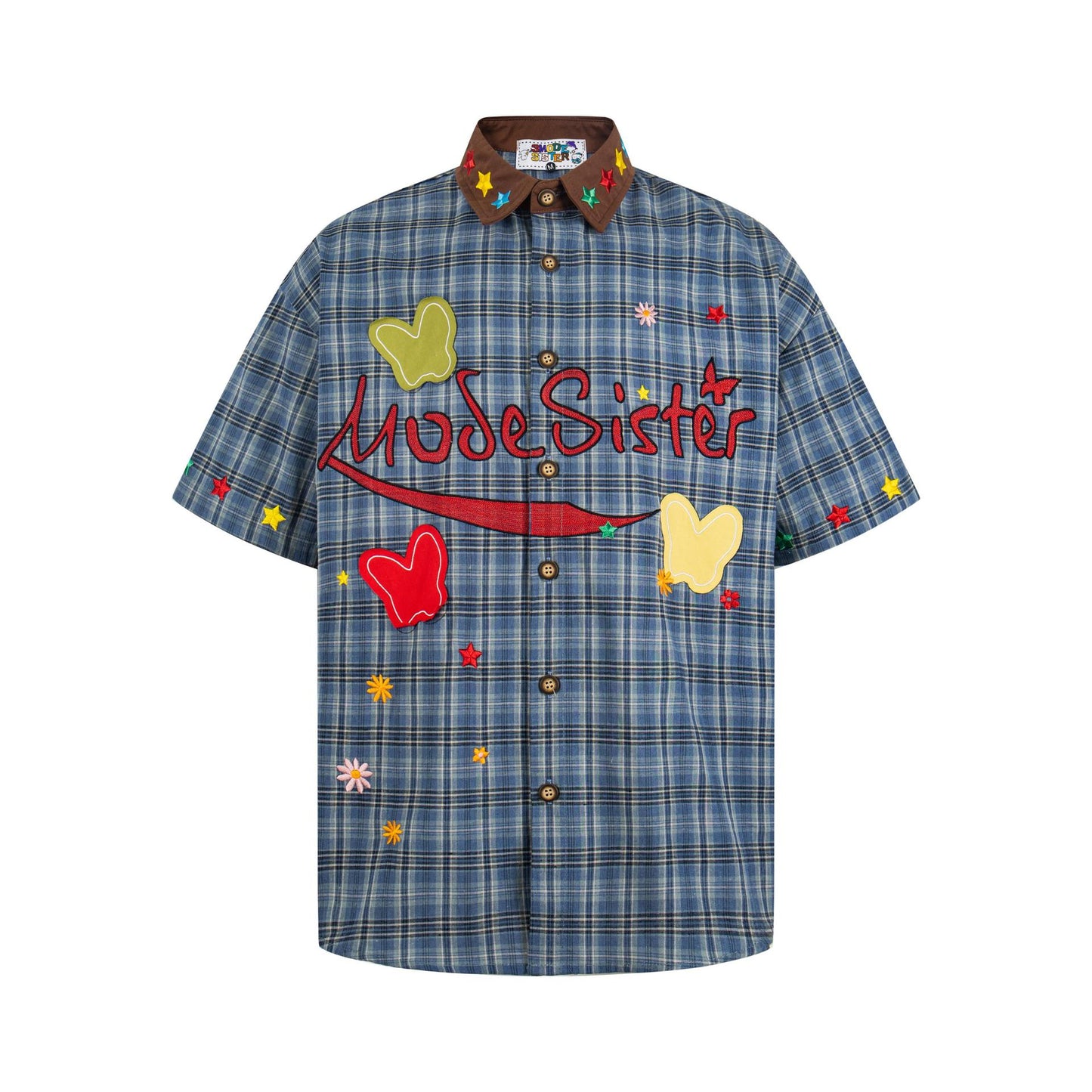 Letter butterfly embroidered short sleeved shirt