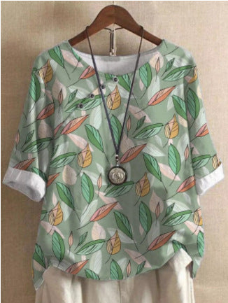 Camisa holgada estampada de moda de algodón y lino para mujer