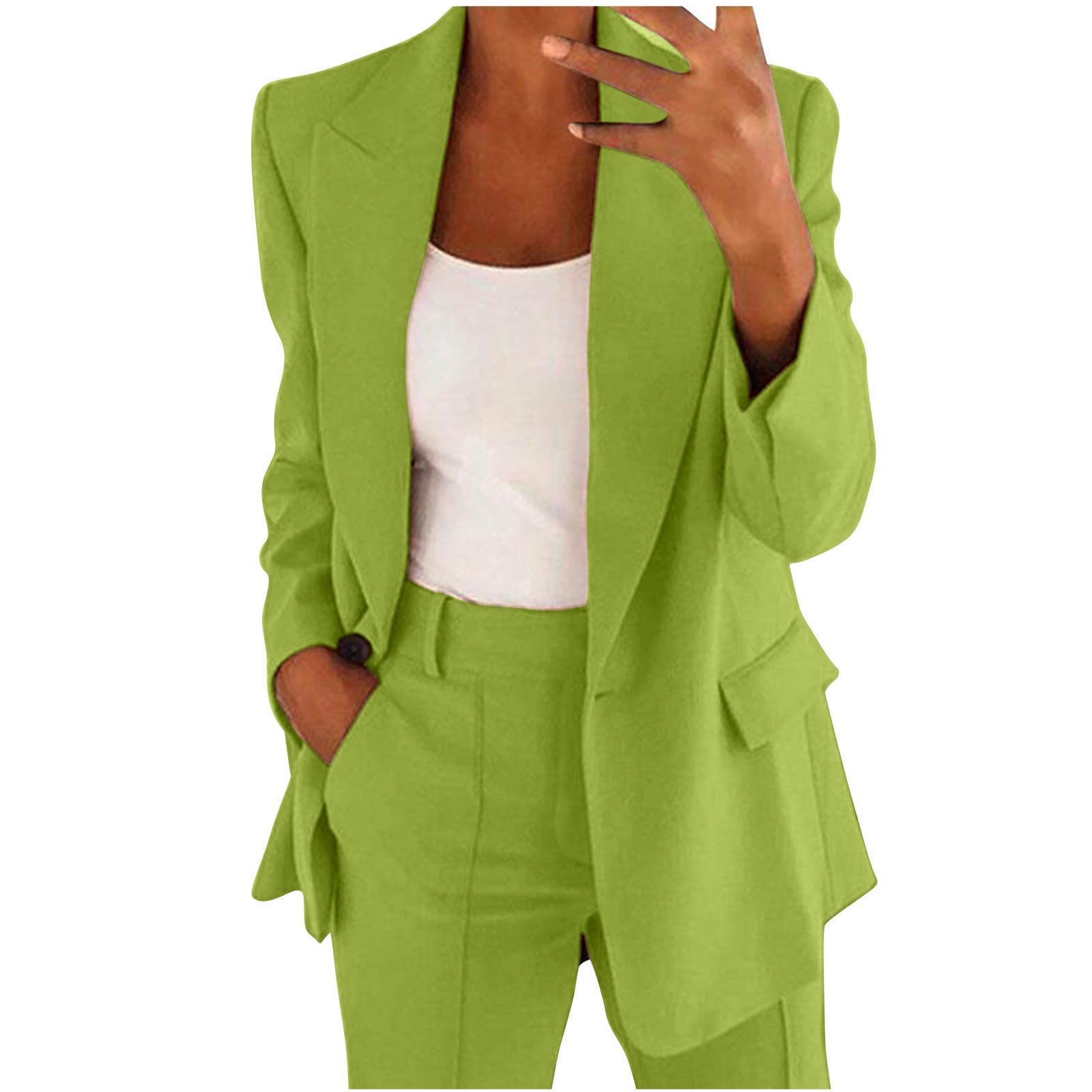Traje casual de 2 piezas, chaqueta tipo blazer con solapa y botones, y pantalones de pierna recta. Conjunto de ropa de oficina para negocios y traslados.