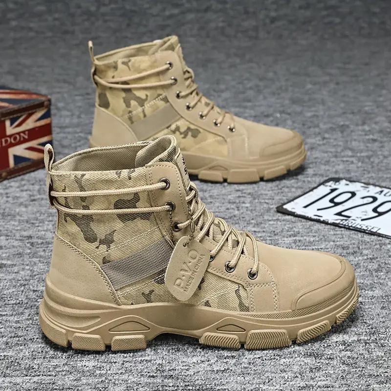 AdTec men's mid-cut high-top hiking boots in tan camouflage, rugged lug sole, pair
