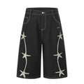 Star plush embroidery washed denim cropped pants