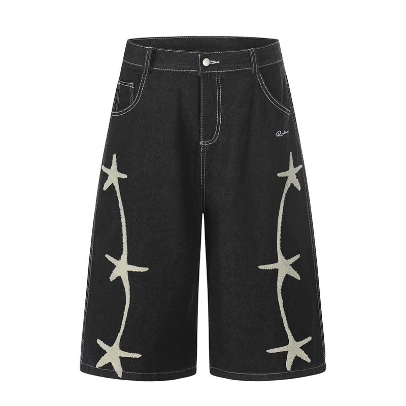 Star Plush Embroidery Washed Denim Cropped Pants