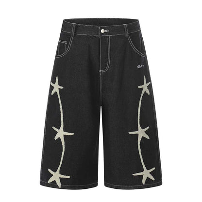 Star Plush Embroidery Washed Denim Cropped Pants