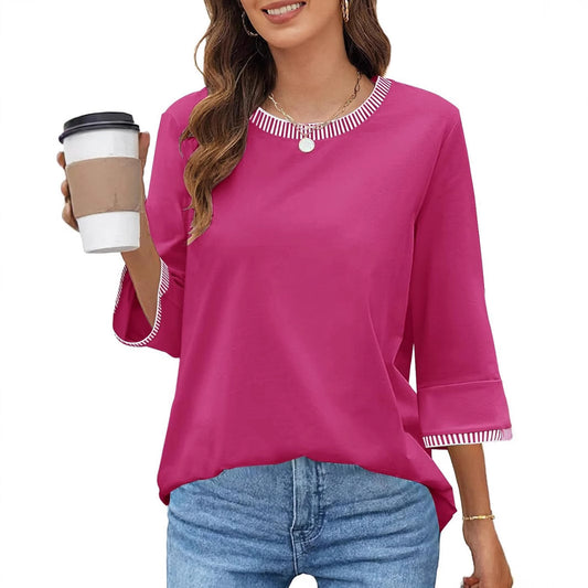 Top de mujer de cuello redondo con hilo de color contrastante y color liso