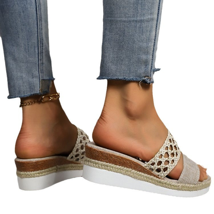 Sandales compensées à bout ouvert en corde et grande taille pour femme