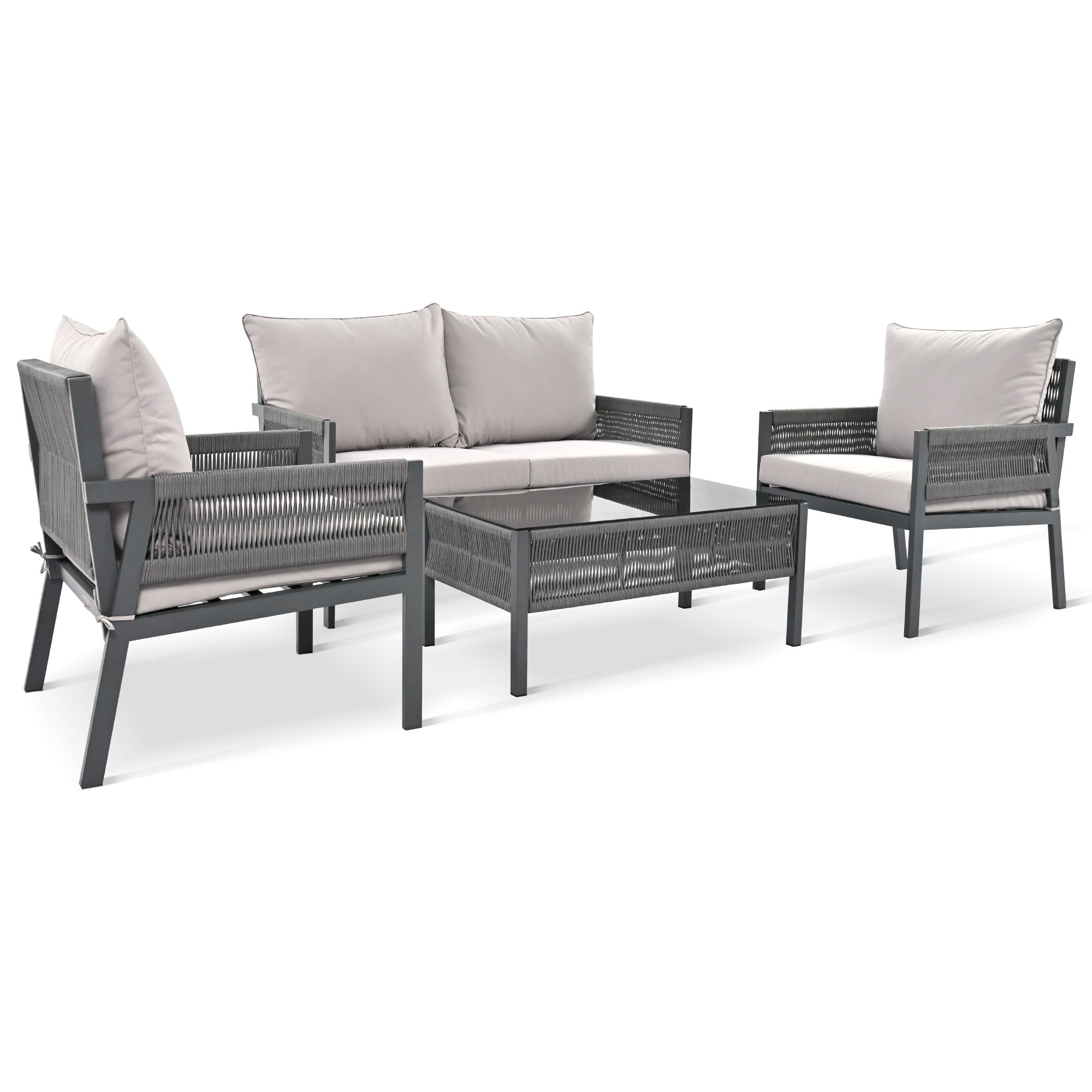 Meubles d'extérieur avec table en verre trempé et sièges profonds avec coussins épais pour jardin, porche, balcon (gris)