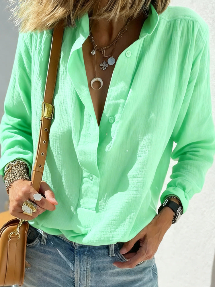 Chemisier pull à manches longues décontracté ample et élégant en coton et lin de couleur unie avec boutons style rétro