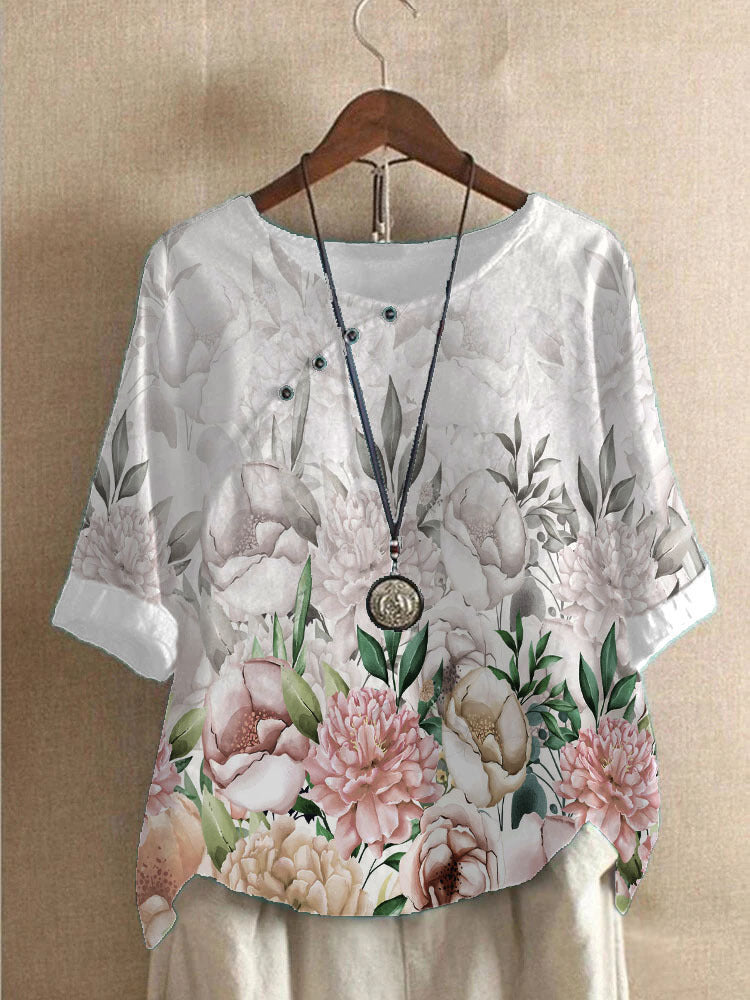 Camisa holgada estampada de moda de algodón y lino para mujer