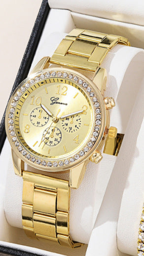 Reloj de cuarzo de tres ojos para mujer con incrustaciones de diamantes