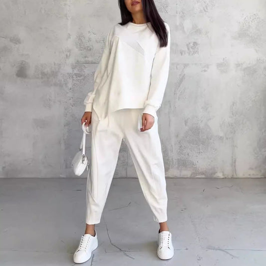 Conjunto de suéter de manga larga con cuello redondo, suelto e irregular para mujer
