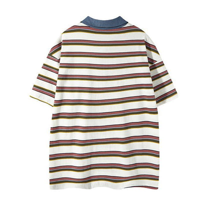 Cowboy patchwork Polo collar striped short sleeved shirt