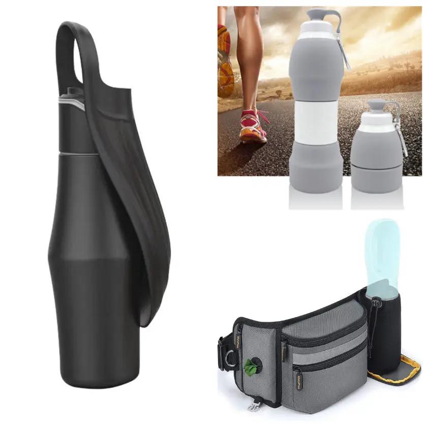 Portable dog water bottle set (3 items) by AdTec: black bottle, gray travel bottles, waist belt holder