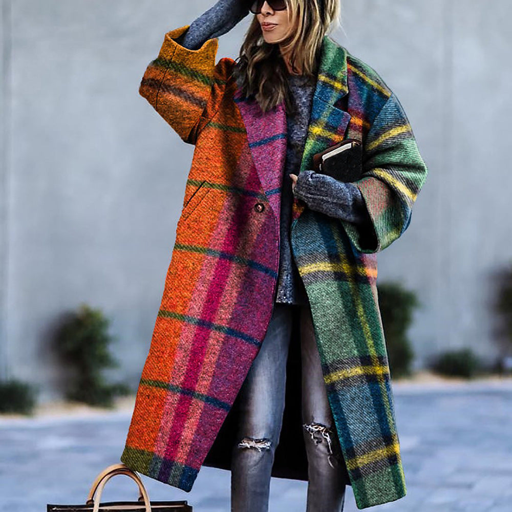 Manteau à carreaux à manches longues pour femmes, assorti de couleurs