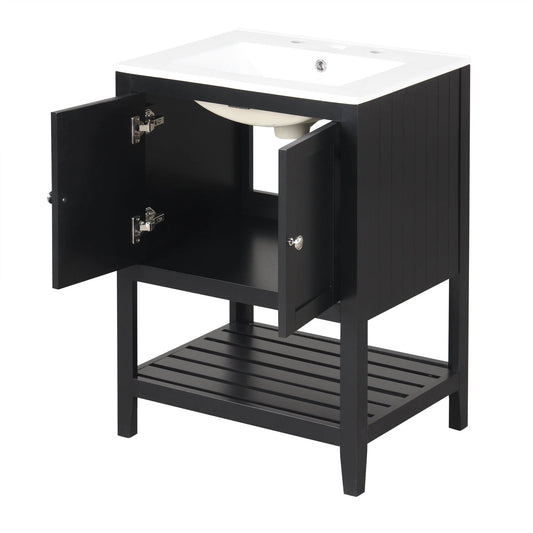 24" Black Modern Sleek Bathroom Vanity Elegant Ceramic Sink with Solid Wood Frame Open Style Shelf by eprolo