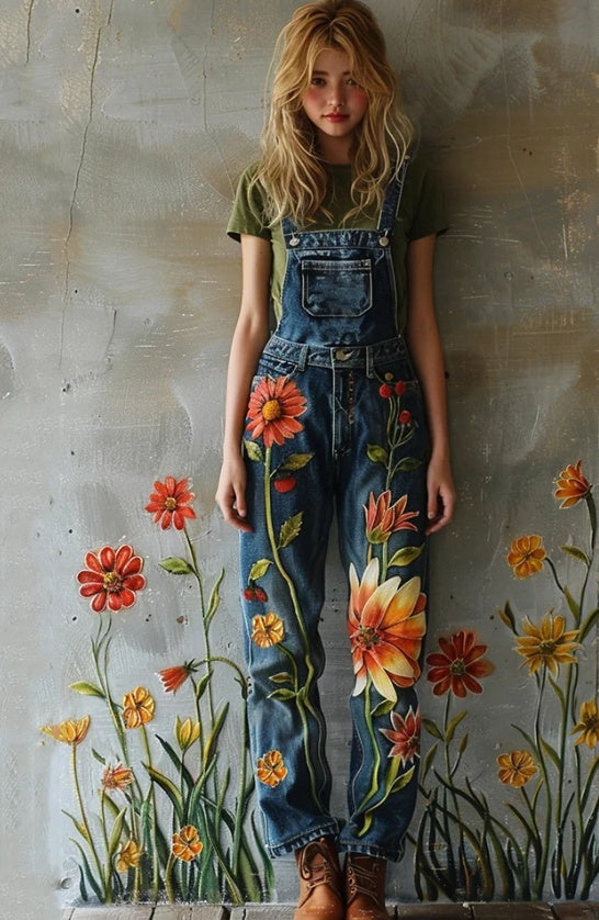 Vintage Plant Floral Art Print Denim Jumpsuit