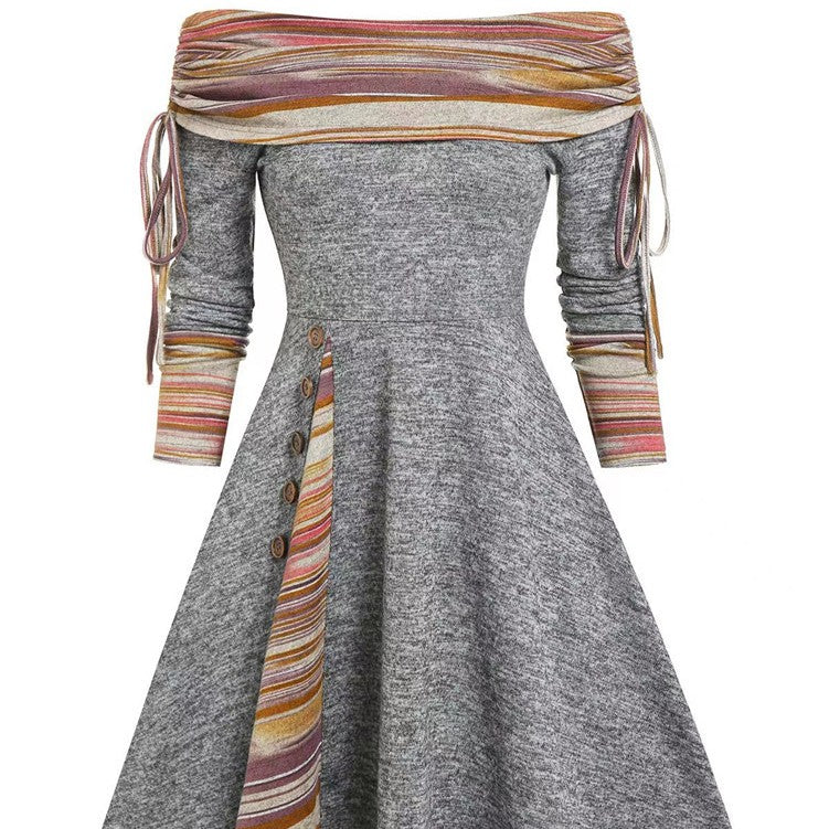 Nouvelle Robe Longue D'Automne Et D'Hiver Pour Femmes Avec Grande Balançoire À La Taille Et Manches Longues À Épaule Dénudée