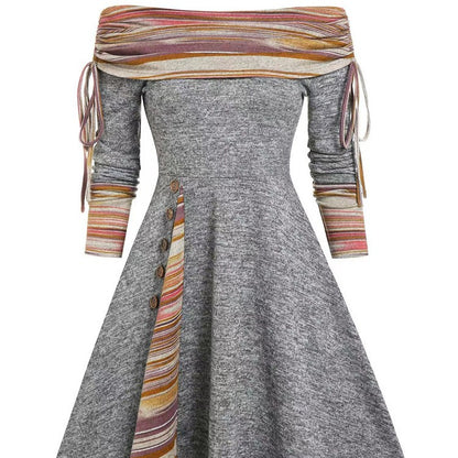 Nouvelle Robe Longue D'Automne Et D'Hiver Pour Femmes Avec Grande Balançoire À La Taille Et Manches Longues À Épaule Dénudée