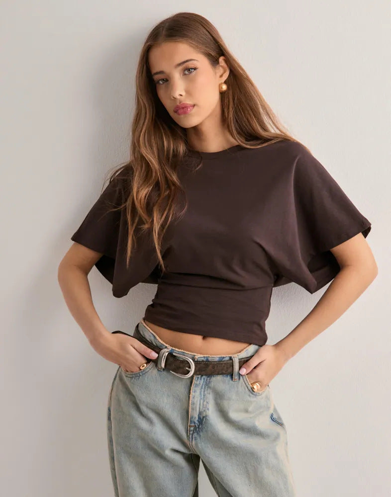 Camiseta de manga murciélago de verano con cuello redondo a la moda, top de manga corta tipo jersey para ropa de mujer