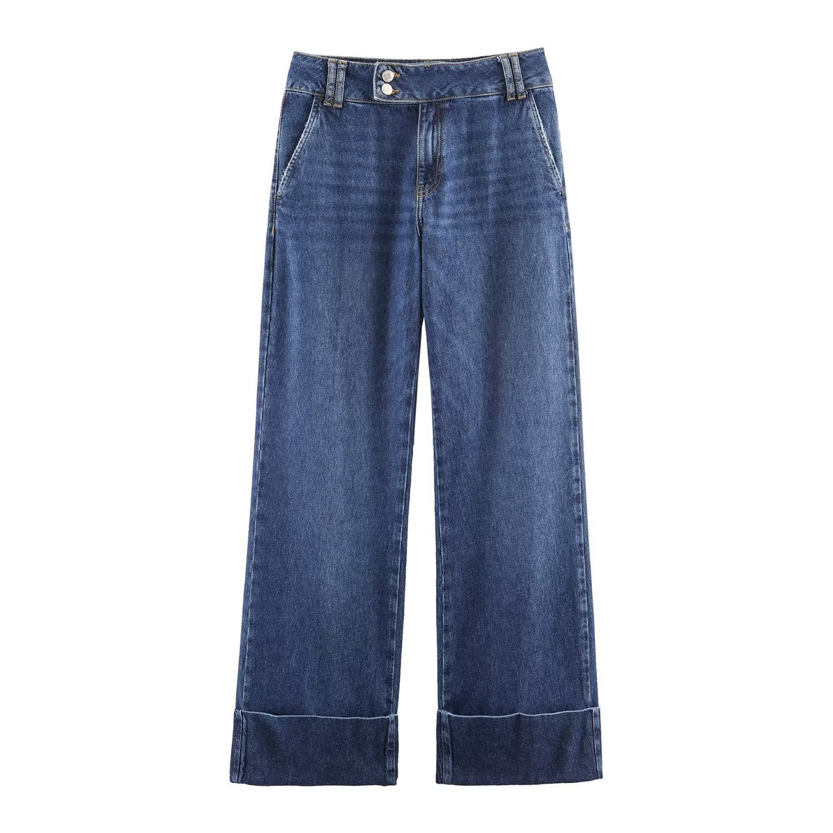 Straight tube loose low waist rolled hem jeans
